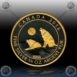 3/4oz KANADA $2 "Howling Wolves" 2016  Black Rhodium + Gold